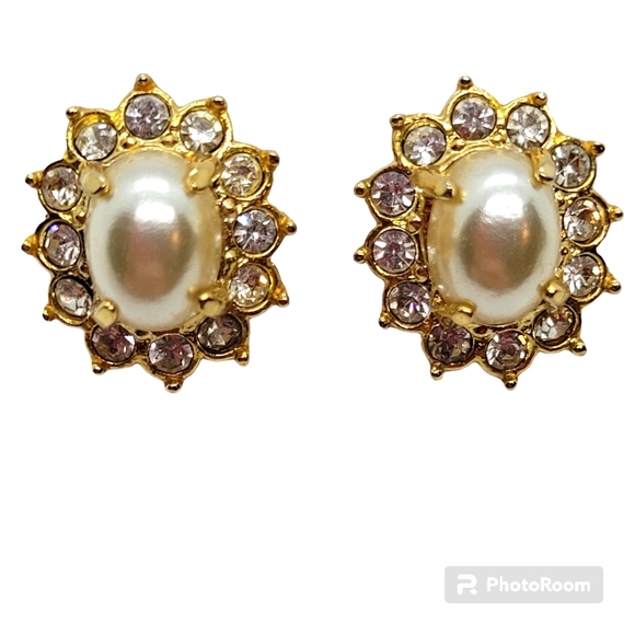 Faux Pearl Crystal Stud Earrings Elegant - Picture 3 of 5